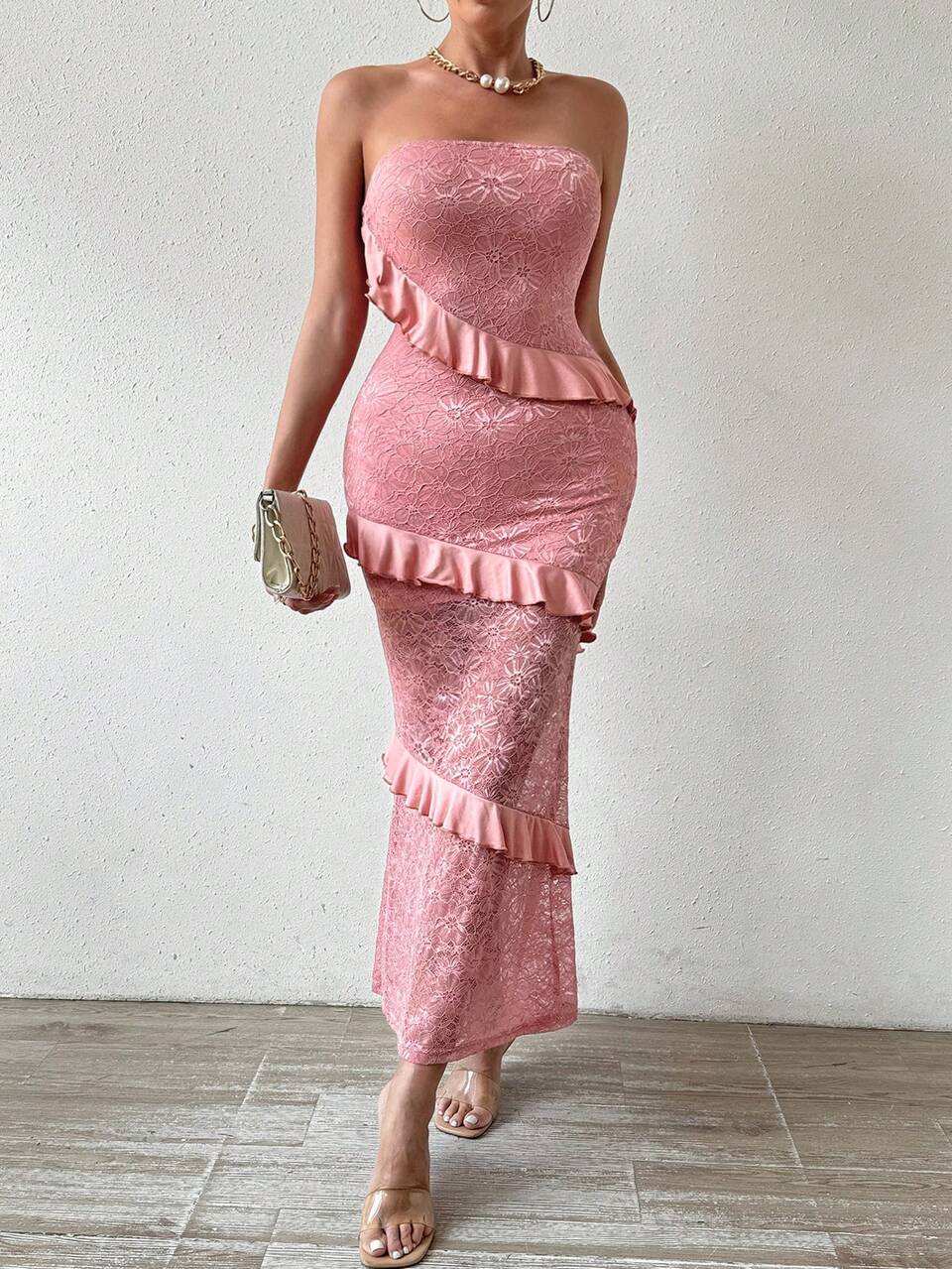 Lace Strapless Dress With Ruffle Trim