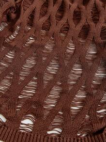 SHEIN ICON Holey Round Neck Sweater - Coffee Brown - View 4