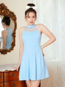 SHEIN Teen Girls' Mesh Splice Halterneck Midi Dress