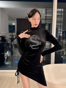 EastFlair Reflective Dragon Pattern Printed Velvet Dress With Shirred Long Sleeve And Stand Collar - Black - View 4