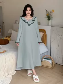 DAZY Women's Ruffled Long Sleeve Nightgown Pajama Fall,Winter - Green - View 1