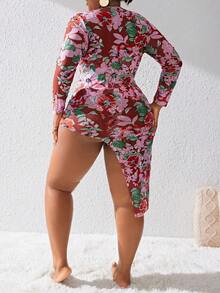 SHEIN Swim Curve 大码花卉印花打结抹胸比基尼套装和比基尼连衣裙夏季海滩 - 彩色 - 查看 2