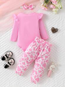 Baby Girls' Letter Printed Bodysuit With Cow Pattern Pants Set - Hot Pink - View 2