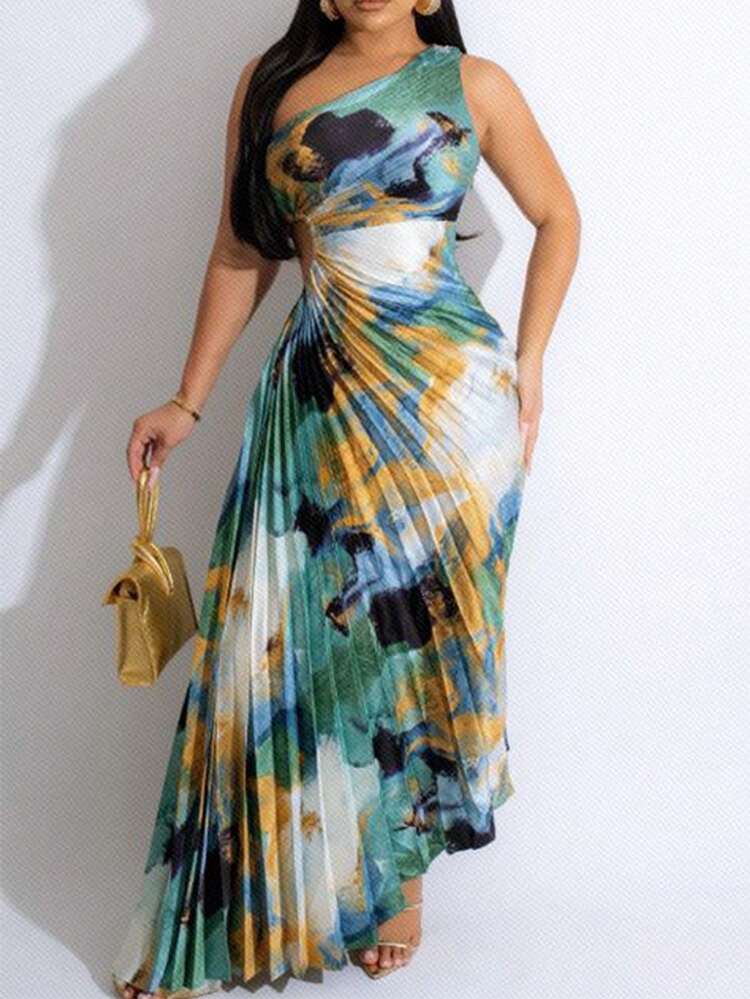 Elegant And Sexy Holiday Date Women's One-Shoulder Tie-Dye Pleated Hem Pleated Skirt Waist Hollow Sleeveless Dress