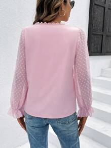 SHEIN Frenchy Blusa De Manga Con Volantes Y Encaje Insertado - Rosa - Ver 2