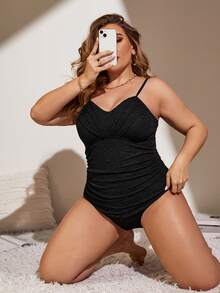 SHEIN Swim Curve 加大码纯色连体泳衣，适合夏季海滩度假 - 黑色 - 查看 3