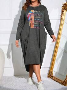 SHEIN LUNE 加大尺寸側身口袋不對稱下擺連身裙 - 深灰色 - 查看 4