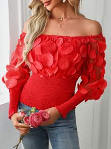 Chiquease Off Shoulder Mesh Floral Applique Shirred Blouse - Red - View 4