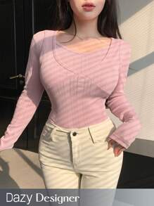 Dazy Designer Women's Sweetheart Neck Ribbed T-Shirt Long Sleeve Women Tops,Fall Women Clothes - Pink - View 1