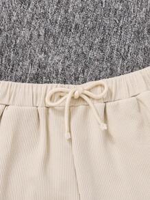 SHEIN Leap Crew Knit Solid Color Letter Patched Tank Top With Tapered Pants Two-Piece Set For Teen Girls - Khaki - View 4