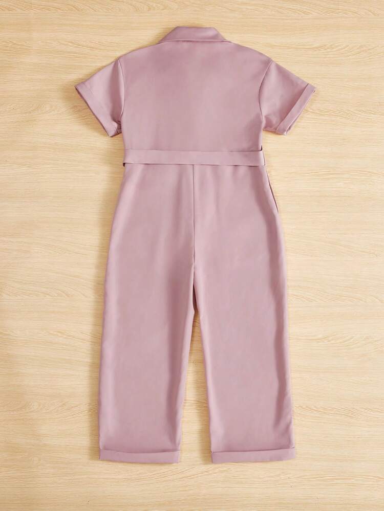 Girls' Casual Turn-Down Collar Solid Color Jumpsuit With Drawstring Waist