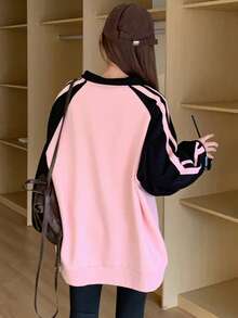 Dazy Star Sudadera De Manga Raglán Con Estampado De Letras Y Bloques De Color Para Mujer - Rosa - Ver 2