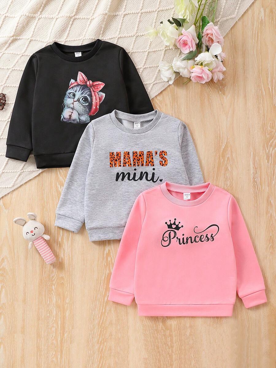 SHEIN 3pcs Girls' Cute Printed Round Neck Pullover Sweatshirt For Spring And Autumn - Multicolor - View 1