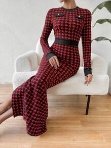 SHEIN Privé Houndstooth Pattern Long Sleeve Dress - Red - View 5