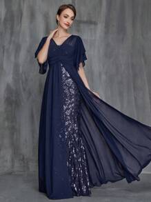 Women's Butterfly Sleeve Contrast Chiffon Sequin Dress