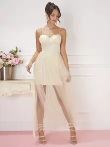 Enchnt Vestido de tirantes pecho con fruncido con malla - Albaricoque - Ver 1