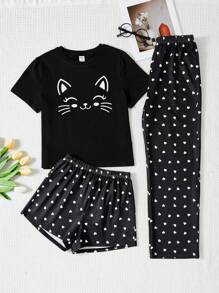 SHEIN 3pcs/Set Tween Girls' Casual Cat Pattern Round Neck T-Shirt, Heart Pattern Pants And Shorts Pajama Set