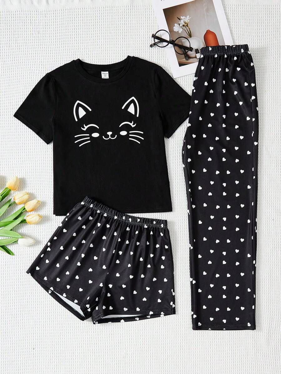SHEIN 3pcs/Set Tween Girls' Casual Cat Pattern Round Neck T-Shirt, Heart Pattern Pants And Shorts Pajama Set