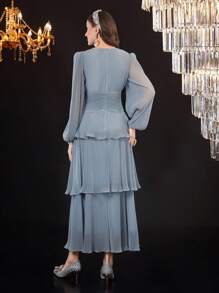 Modelyn Váy xếp ly nhiều lớp tay đèn lồng cho nữ, váy maxi dự tiệc tối thanh lịch - Màu xanh lam - Xem 4