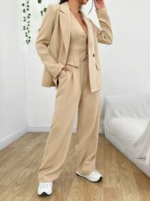 SHEIN EZwear 女款 V 領背心與米色西裝套裝 - 杏色 - 查看 4