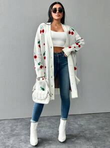 SHEIN Cottnline Kích thước lớn Của phụ nữ Mẫu anh đào Thả vai Tay áo dài Áo len Mở - trắng - Xem 5