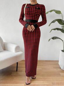 SHEIN Privé Houndstooth Pattern Long Sleeve Dress - Red - View 1