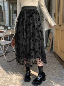 DAZY 短毛絨網片拼接百褶裙 - 黑色 - 查看 6