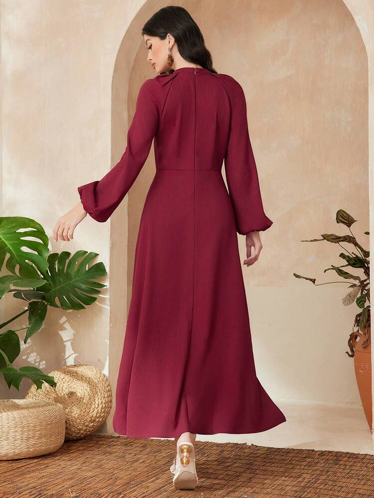 Coconut Tree Print Notched Neckline Lantern Sleeve Dress