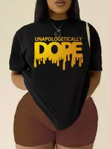 INAWLY 加大尺碼女士字母印花t恤 - 黑色 - 查看 1