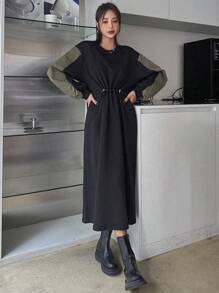 DAZY Của phụ nữ Khối màu Eo dây rút Đầm - màu đen - Xem 8