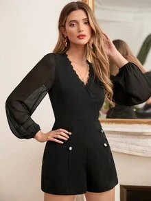 SHEIN Frenchy 雪紡袖蕾絲領連體褲,金色鈕扣,全黑色 - 黑色 - 查看 6