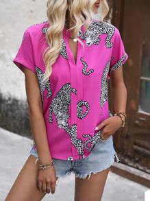 SHEIN LUNE Blusa con escote con muesca con estampado de leopardo, blusas de manga corta