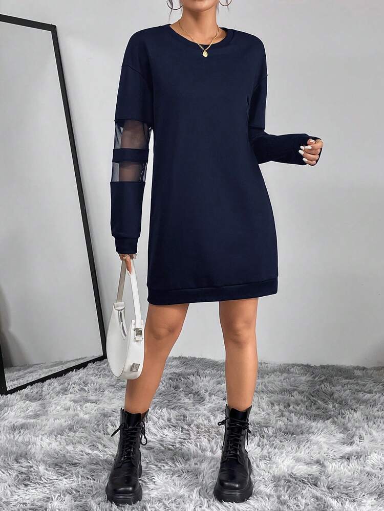 Women'S Long Sleeve Mesh Contrast Drop Shoulder Dress