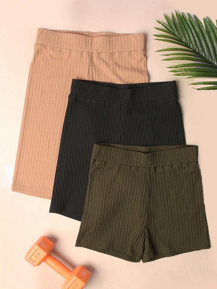 3pcs Solid Ribbed Knit Biker Shorts