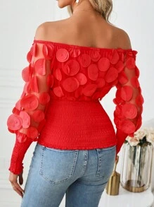 Chiquease Off Shoulder Mesh Floral Applique Shirred Blouse - Red - View 2