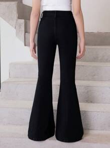 SHEIN Tween Girl New Style Casual Fashionable All-Match Star Pattern Washed Denim Bell-Bottoms - Black - View 2