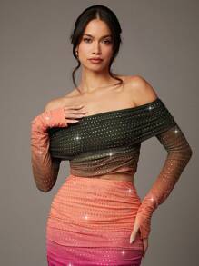 SHEIN BAE Rhinestone Gathered Long-Sleeved Top - Multicolor - View 5