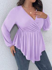 SHEIN Clasi Plus Size Solid Color Ruffled Wrap Tee - Dusty Purple - View 4