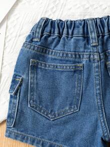 SHEIN Vintaside Kids Young Girl Mid Washed Blue Denim Shorts With Folded Hem
