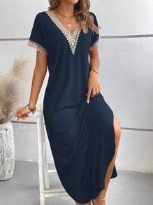 EMERY ROSE 女士拼接蕾絲短袖連衣裙 - 藏蓝色 - 查看 5