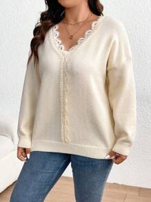 SHEIN Frenchy 大尺碼女裝蕾絲拼接下垂肩領插肩毛衣 - 米色 - 查看 5