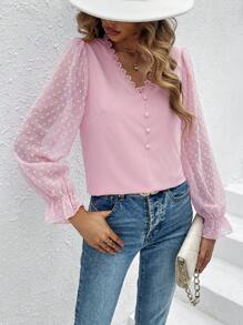 SHEIN Frenchy Blusa De Manga Con Volantes Y Encaje Insertado - Rosa - Ver 5