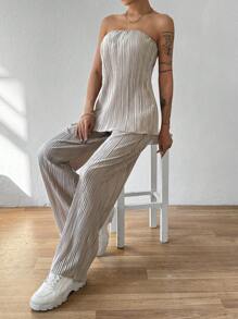 SHEIN Essnce 無肩帶短上衣和褲子套裝 - 卡其色 - 查看 3