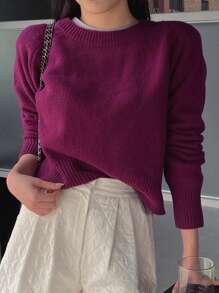 DAZY Solid Color Round Neck Long Sleeve Sweater - Purple - View 5