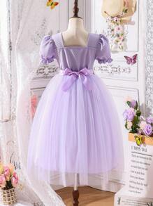 SHEIN Tween Girl Embroidered Flower Applique Puff Sleeve Mesh Overlay Dress