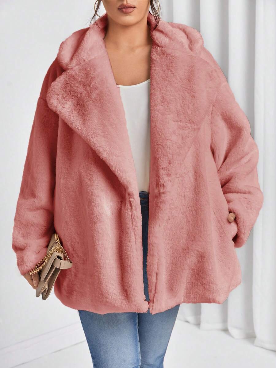 SHEIN Essnce Kích thước lớn Cổ bẻ Túi bên 	
Fuzzy áo - Hồng - Xem 1
