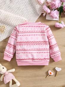 嬰兒女童卡通印花圓領長袖運動衫 - 粉色 - 查看 2