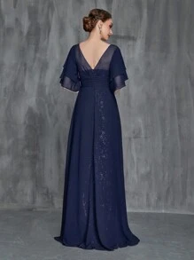 Women's Butterfly Sleeve Contrast Chiffon Sequin Dress