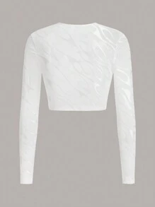 SHEIN ICON 斑馬紋網眼上衣,剪裁處飾以鑽石細節 - 白色 - 查看 2