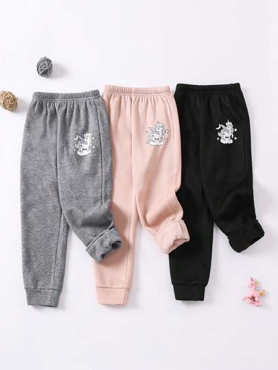 SHEIN Young Girl 3pcs Adorable Pony Printed Cozy Warm Fleece High-Waisted Thick Sweatpants For Fall And Winter